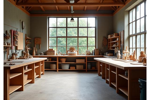 Interieur van de Horizon Interieur werkplaats met meubels en gereedschap