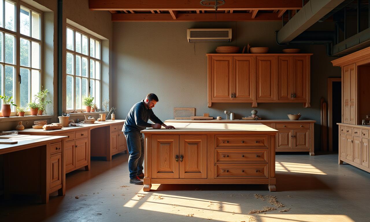 Meubelmaker aan het werk in een ruime, lichte werkplaats, bezig met een houten meubelstuk.