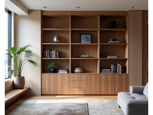 Brede opname van een prachtig afgewerkte, op maat gemaakte houten boekenkast in een modern interieur.