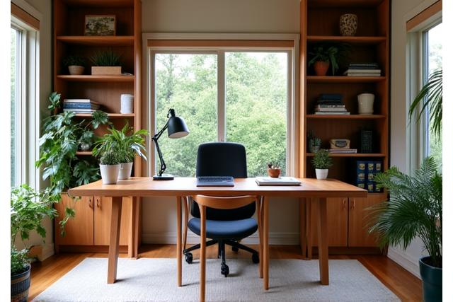 Landelijk ingericht thuiskantoor met op maat gemaakte bureau en opbergruimte.