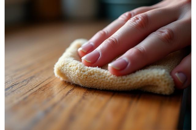Detailfoto van een hand die een houten oppervlak polijst voor een zijdezachte afwerking.