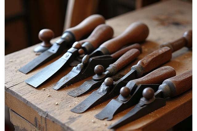 Oude, goed onderhouden houtbewerkingsgereedschappen tentoongesteld op een werkbank.